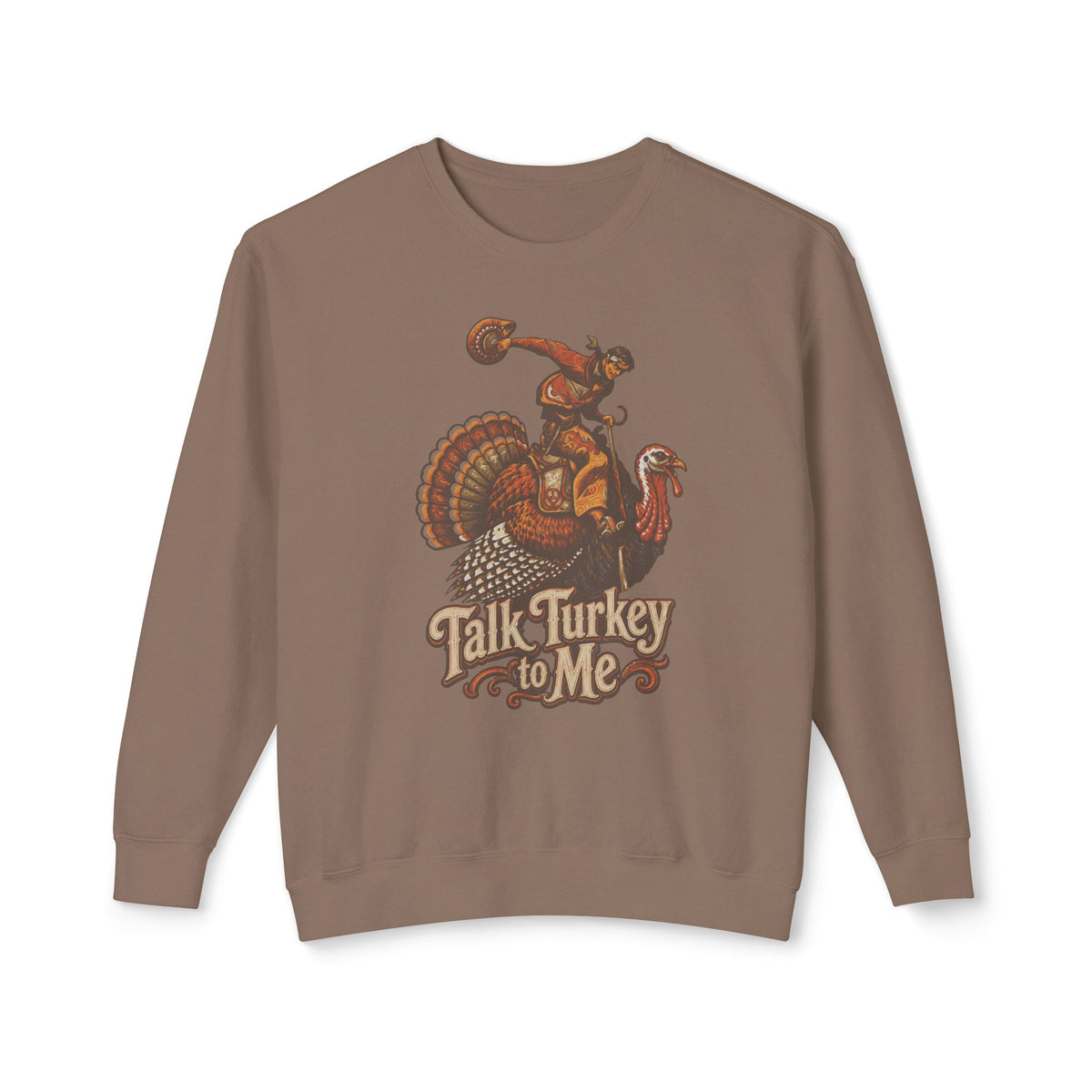 “Talk Turkey to Me Western Thanksgiving graphic sweatshirt featuring vintage cowboy riding a turkey