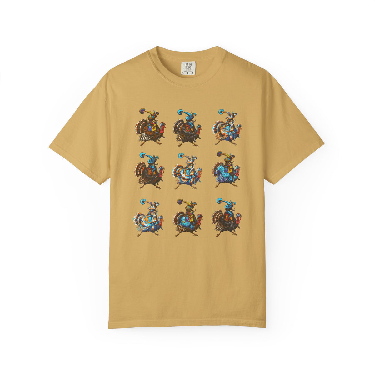 A tan crewneck t-shirt featuring a 3x3 grid of nine cartoon rooster illustrations in various colorful poses on the front, displayed against a solid white background.