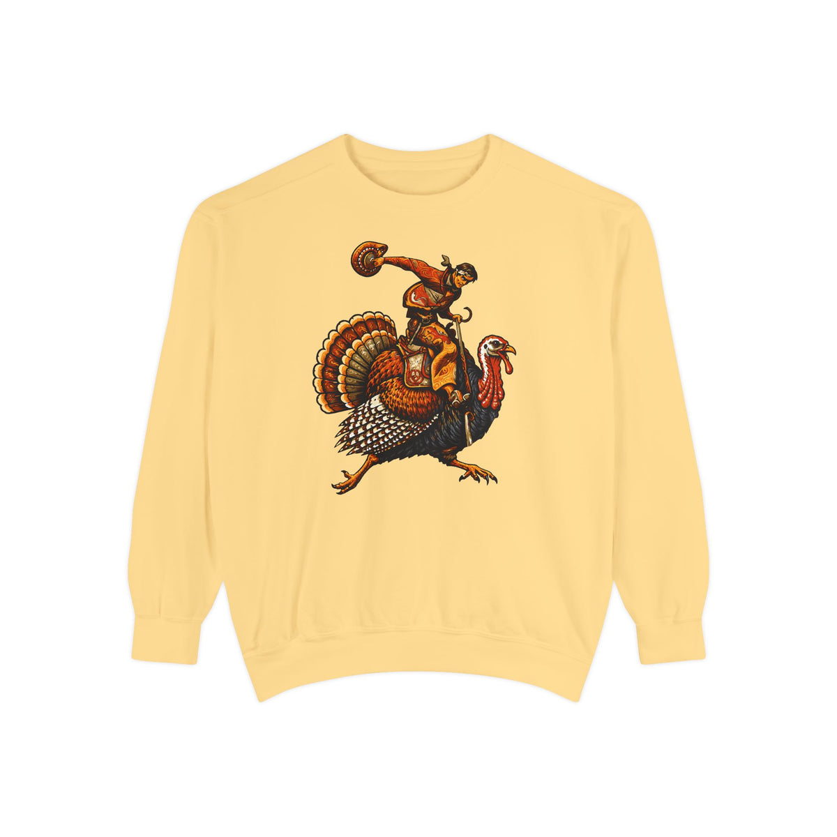 A pale yellow crewneck sweatshirt featuring a graphic print of a cowboy riding a turkey and holding a football, displayed on a clean white background.
