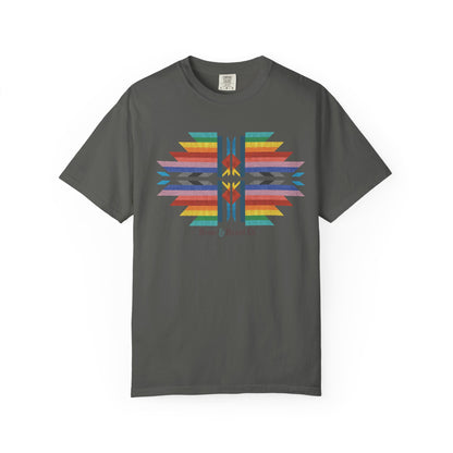 Gray t-shirt with a geometric graphic design and text on a white background