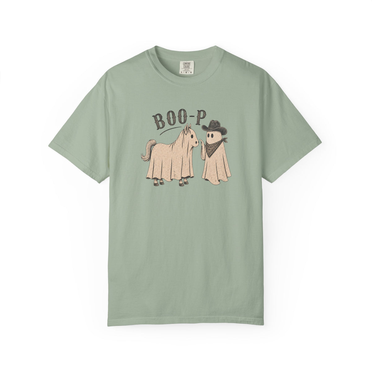 Blue t-shirt with graphic of horse ghost and cowboy ghost and text on a white background