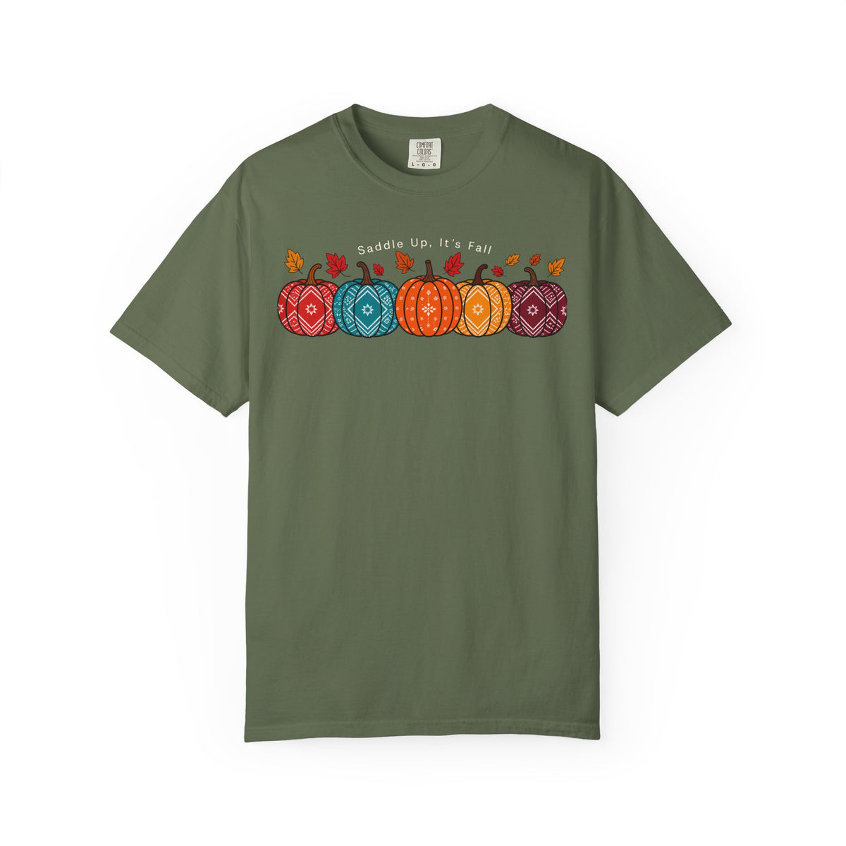A dark gray short-sleeve t-shirt with a colorful graphic of patterned pumpkins and the text 'Saddle Up, It's Fall' across the chest, displayed on a clean white background.