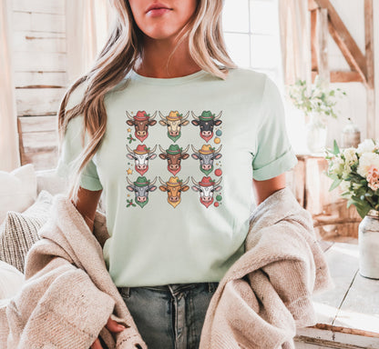 3×3 Grid Christmas Longhorn T-Shirt – Western Holiday Style