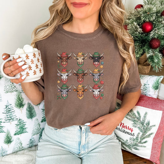 3×3 Grid Christmas Longhorn T-Shirt – Western Holiday Style