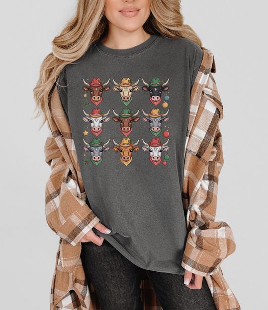 3×3 Grid Christmas Longhorn T-Shirt – Western Holiday Style