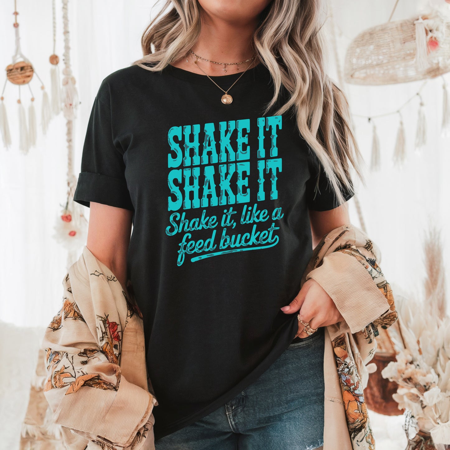 Shake It Like a Feed Bucket Shirt – Teal Lettering