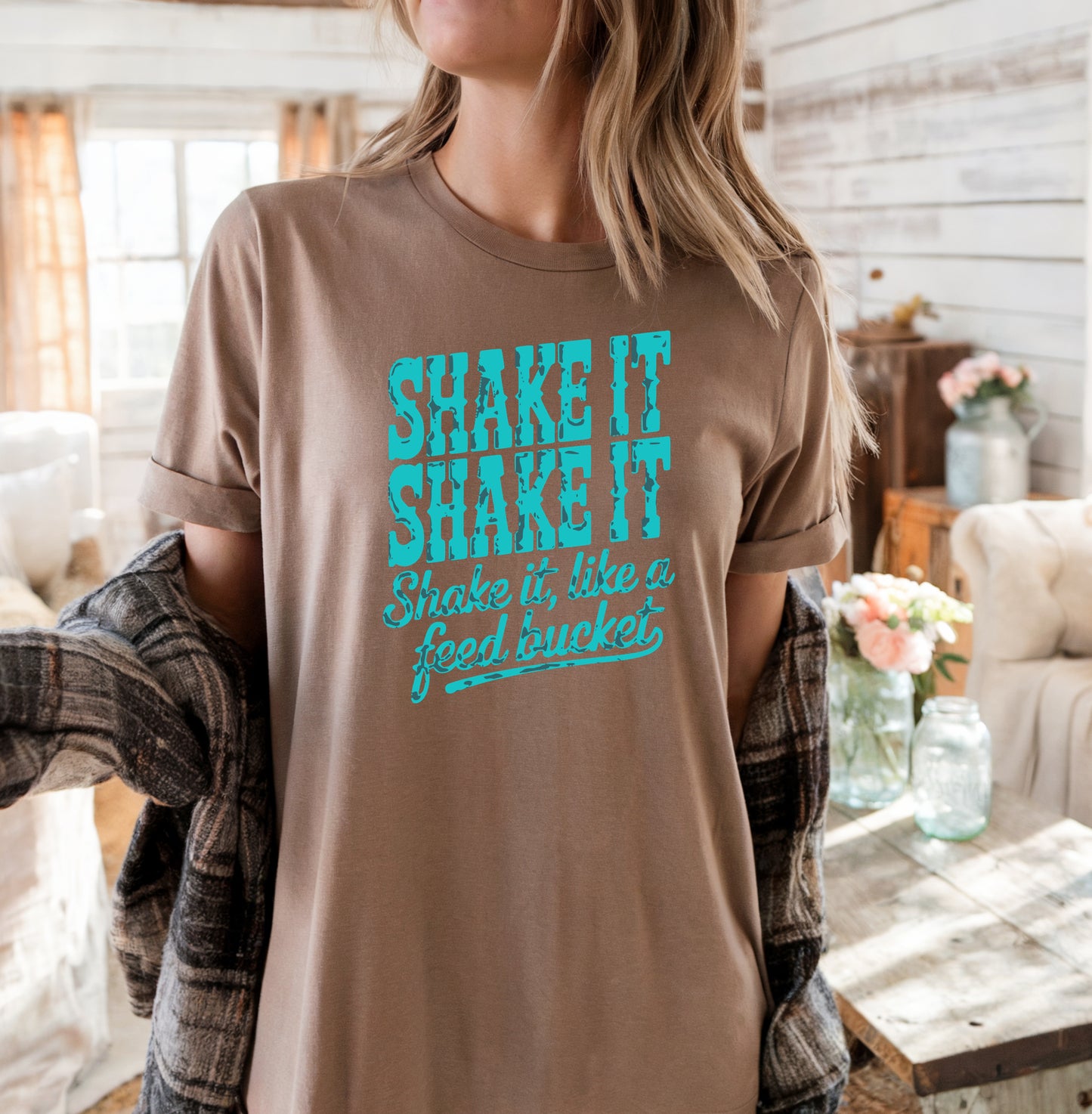 Shake It Like a Feed Bucket Shirt – Teal Lettering