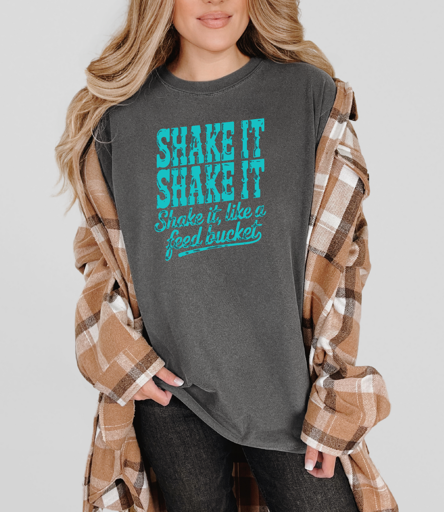 Shake It Like a Feed Bucket Shirt – Teal Lettering