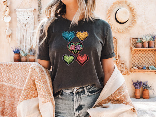 .Folk Art Heart T-Shirt | Comfort Colors Colorful Heart Graphic Tee (S–4XL)