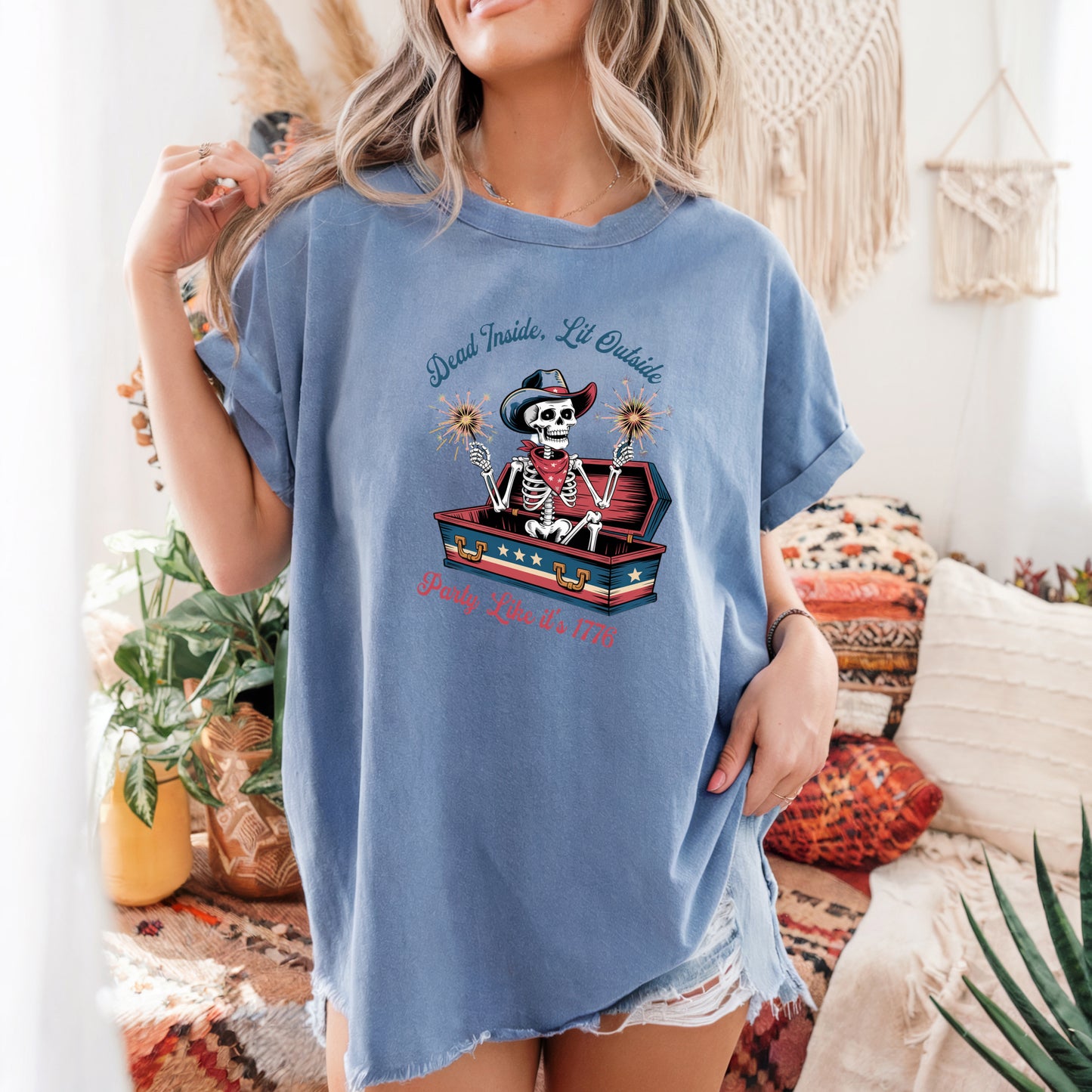 Dead Inside, Lit Outside Tee – Patriotic Skeleton Cowboy Graphic Shirt