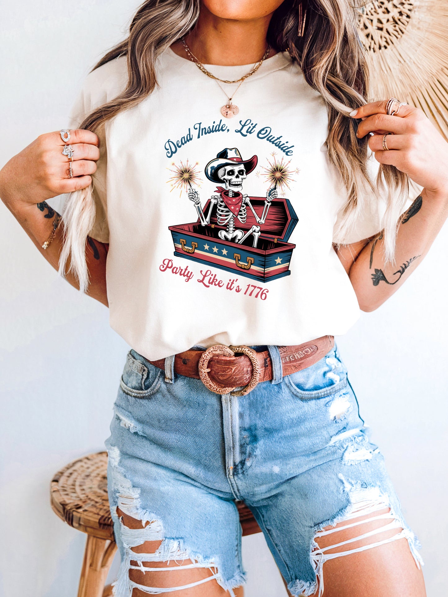 Dead Inside, Lit Outside Tee – Patriotic Skeleton Cowboy Graphic Shirt