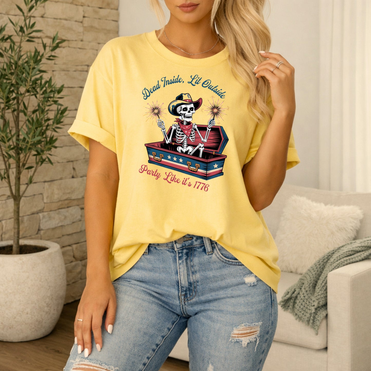 Dead Inside, Lit Outside Tee – Patriotic Skeleton Cowboy Graphic Shirt