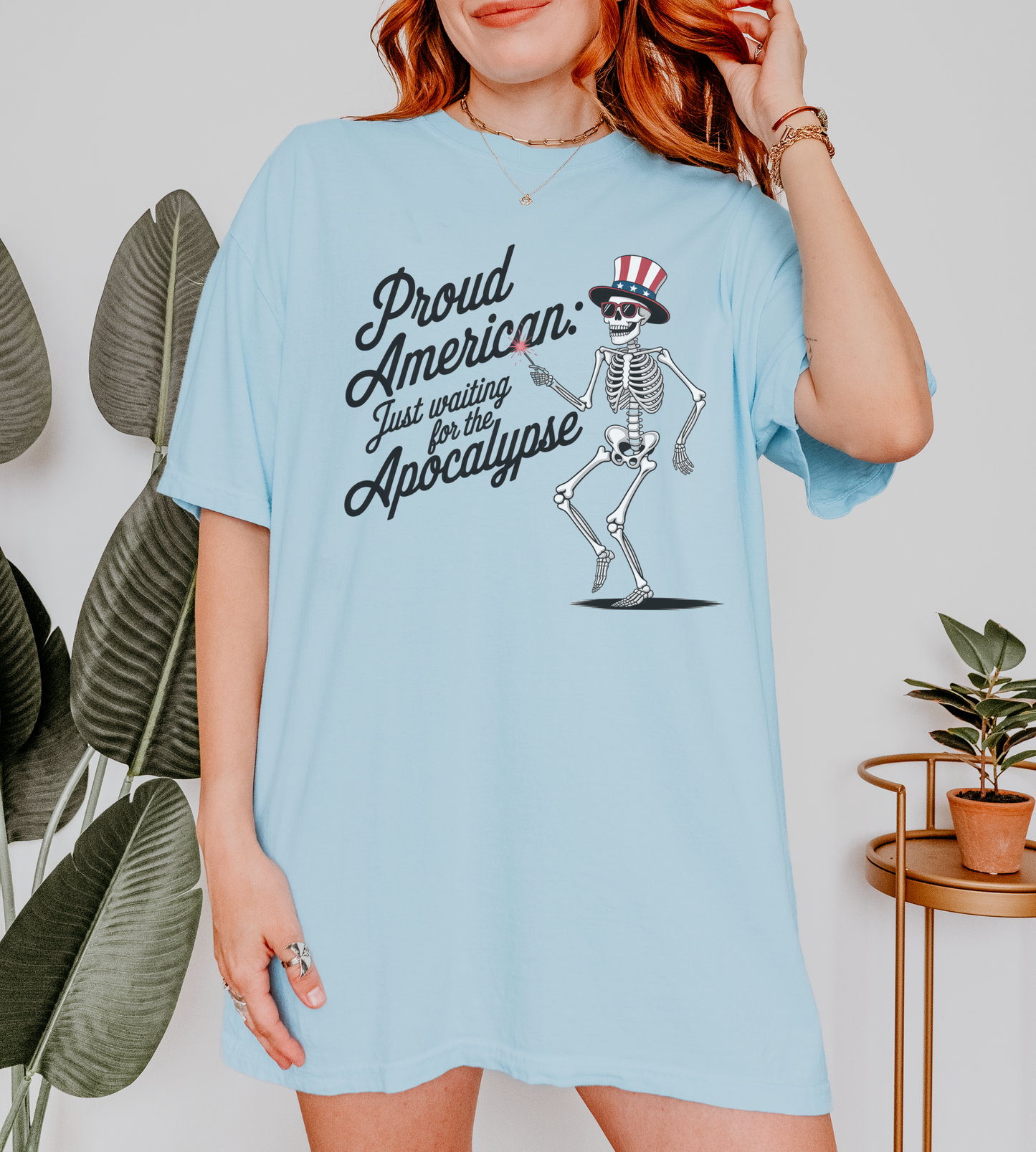 Proud American: Just Waiting for the Apocalypse Tee – Unisex Patriotic Skeleton Shirt
