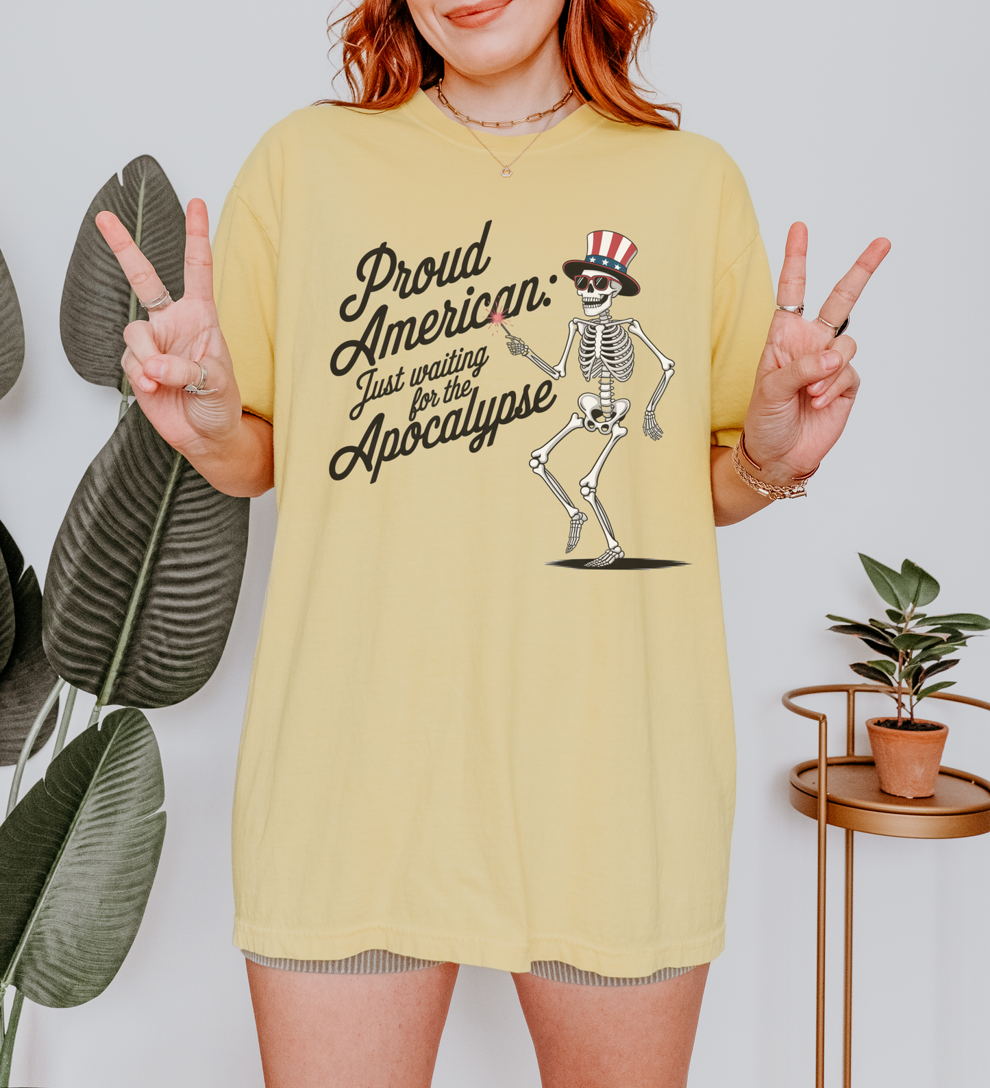 Proud American: Just Waiting for the Apocalypse Tee – Unisex Patriotic Skeleton Shirt