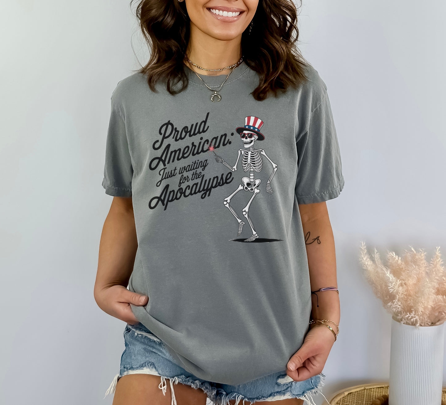 Proud American: Just Waiting for the Apocalypse Tee – Unisex Patriotic Skeleton Shirt