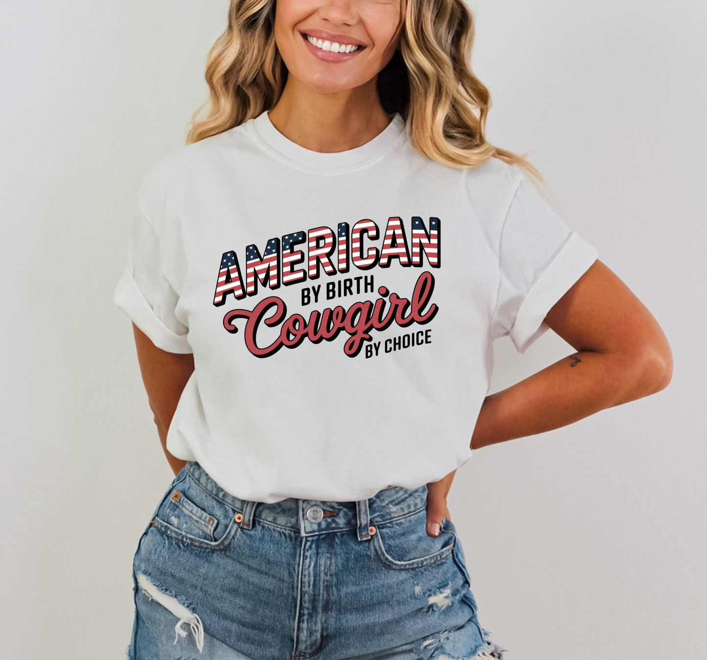 American by Birth Cowgirl by Choice Tee – Pink Patriotic Western Graphic Shirt