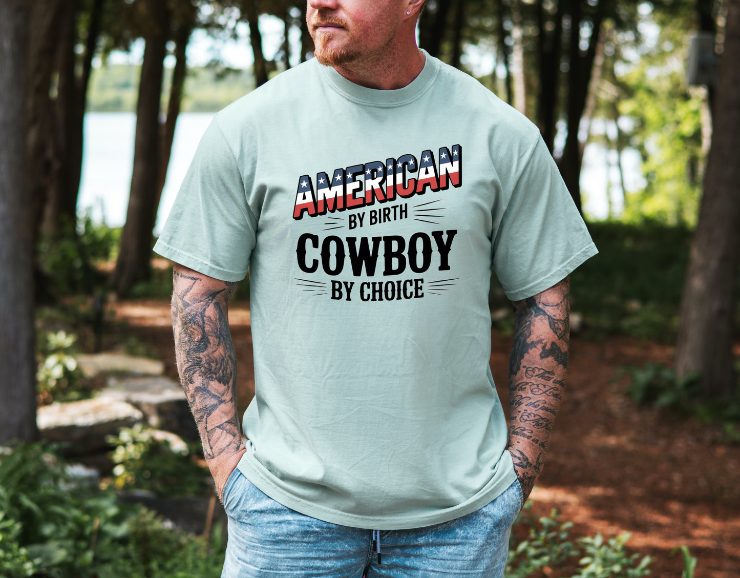 American by Birth Cowboy by Choice Tee – Patriotic Western Graphic Shirt