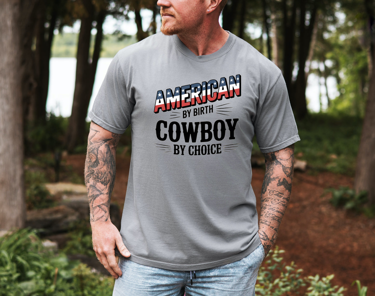 American by Birth Cowboy by Choice Tee – Patriotic Western Graphic Shirt