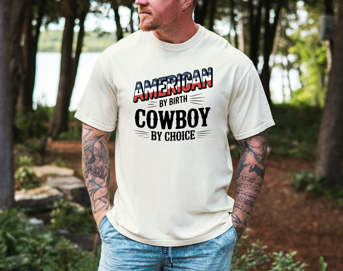 American by Birth Cowboy by Choice Tee – Patriotic Western Graphic Shirt