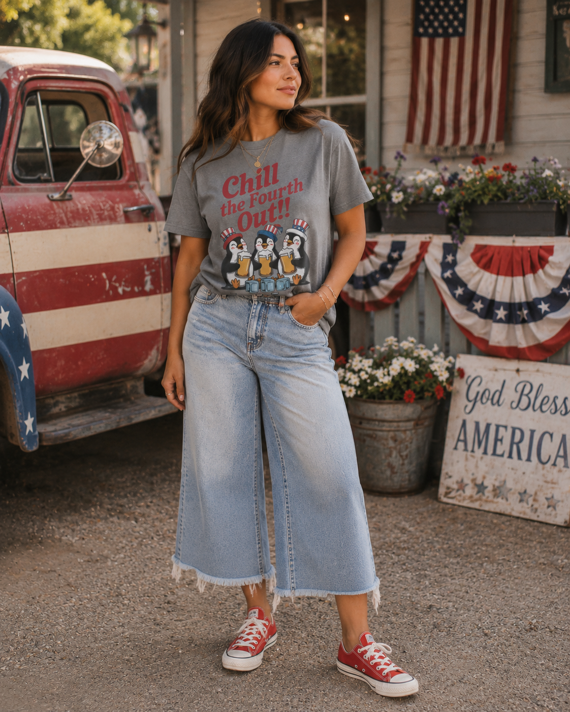 Chill the Fourth Out Tee | Patriotic Penguin Graphic Shirt | Bronc & Brand Co.