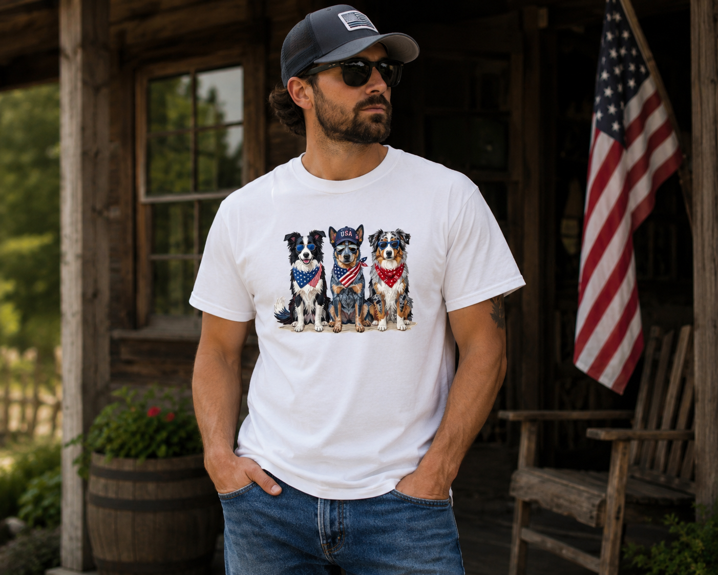Patriotic Dog Trio Tee | Australian Shepherd, Heeler & Border Collie Shirt