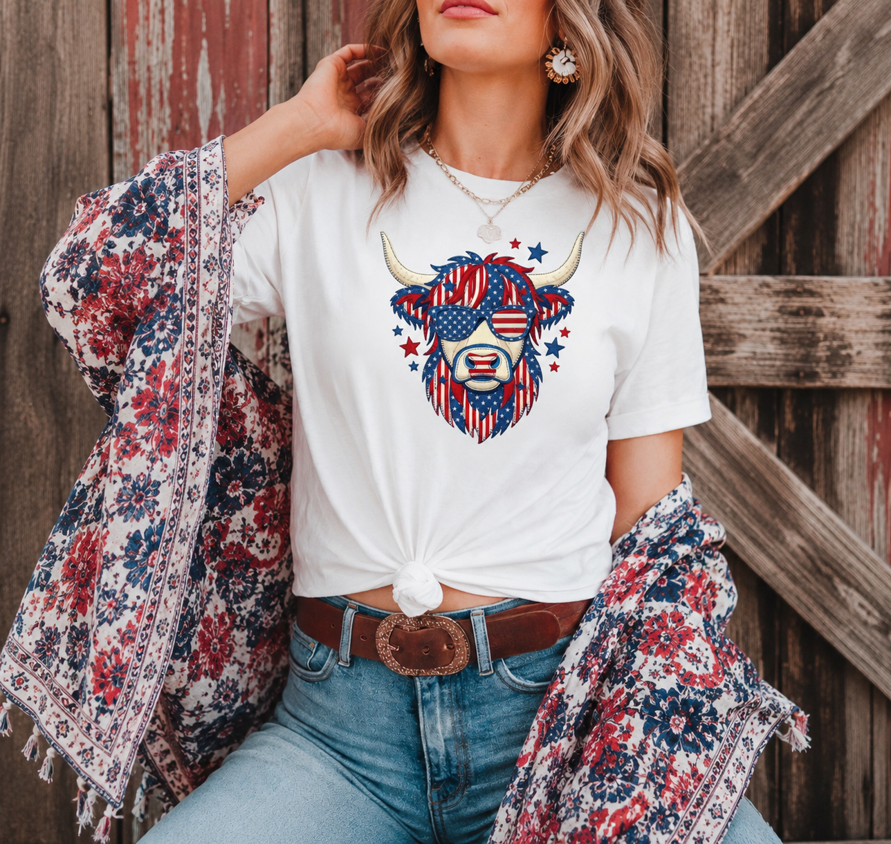 Patriotic Highland Cow Tee | Western Americana Graphic Shirt | Bronc & Brand Co