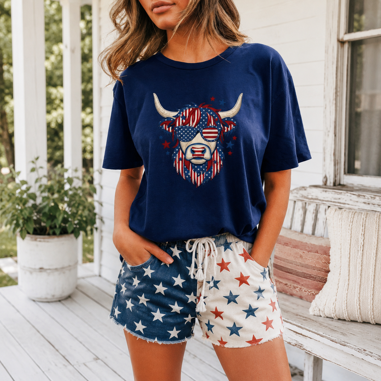 Patriotic Highland Cow Tee | Western Americana Graphic Shirt | Bronc & Brand Co