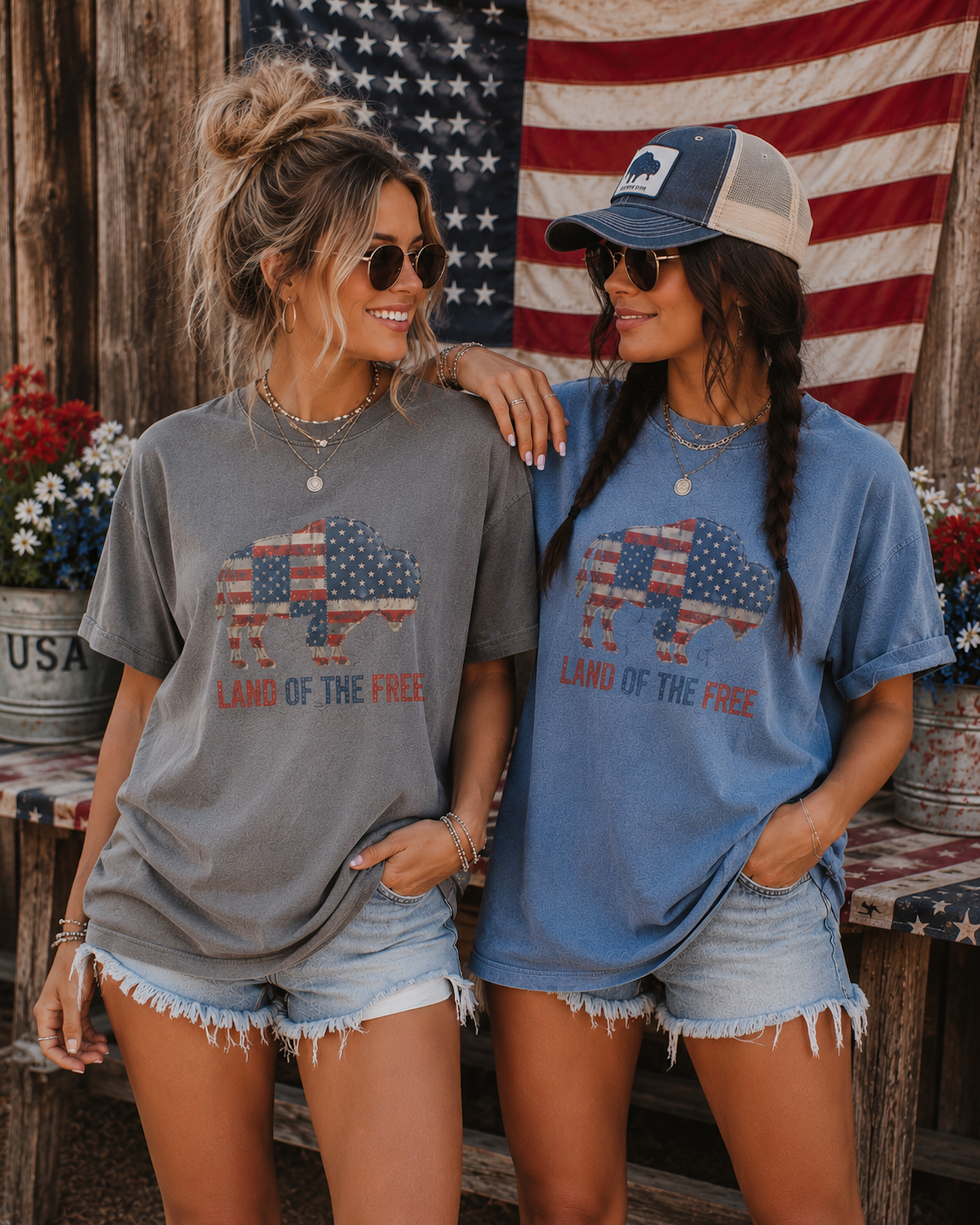 Woman wearing the Land of the Free Buffalo graphic tee on Comfort Colors featuring a distressed American flag buffalo design and patriotic western style