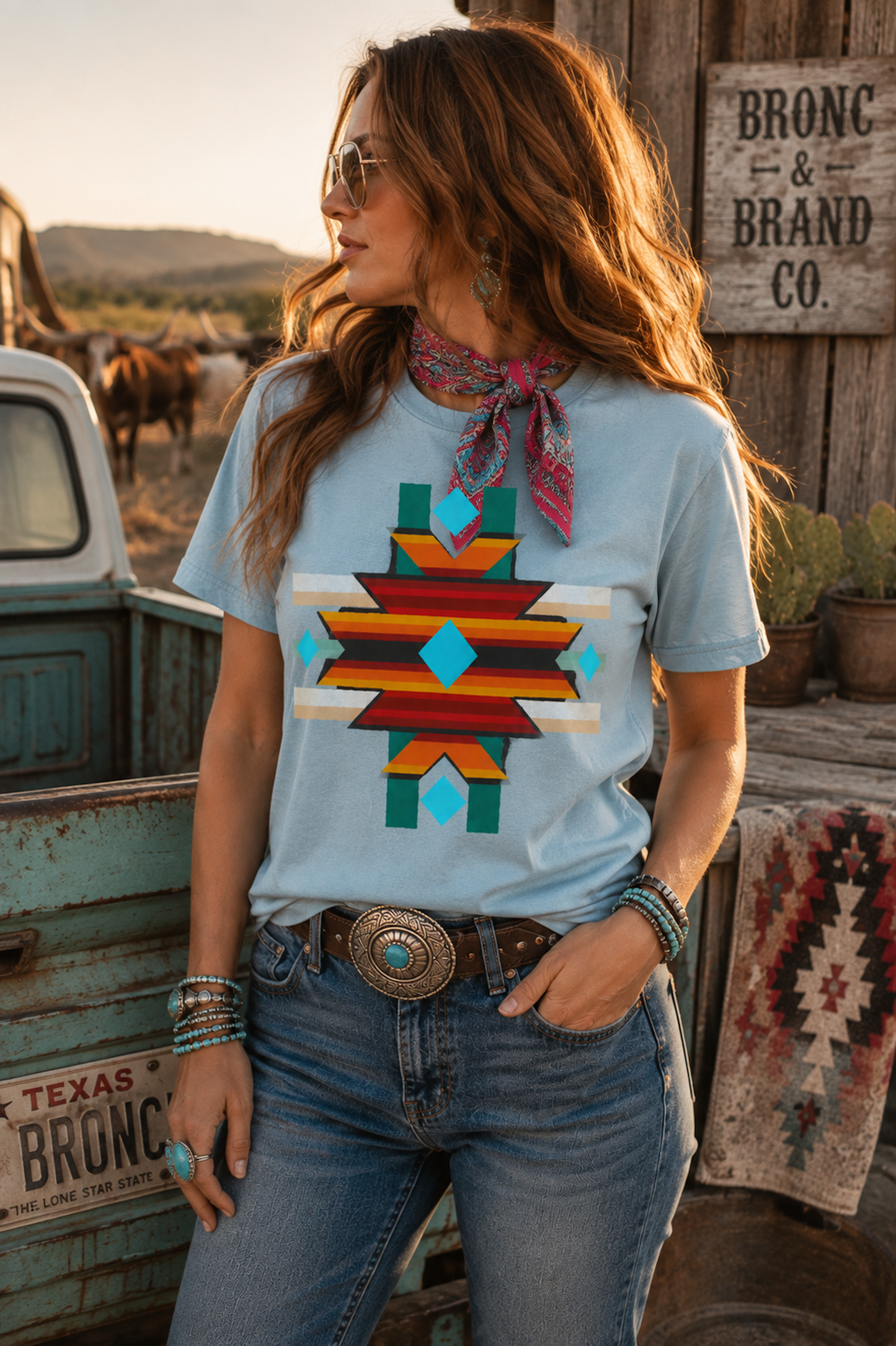 Turquoise Cross Western Graphic Tee