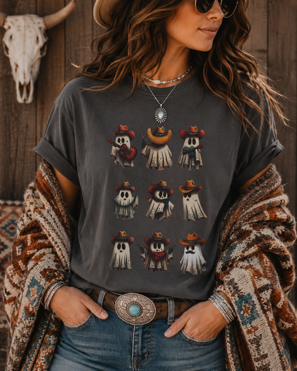 A woman wearing a dark gray graphic t-shirt with a grid of cartoon ghosts in cowboy hats, styled with a bohemian knit shawl, jeans, and a western belt against a rustic wooden wall.