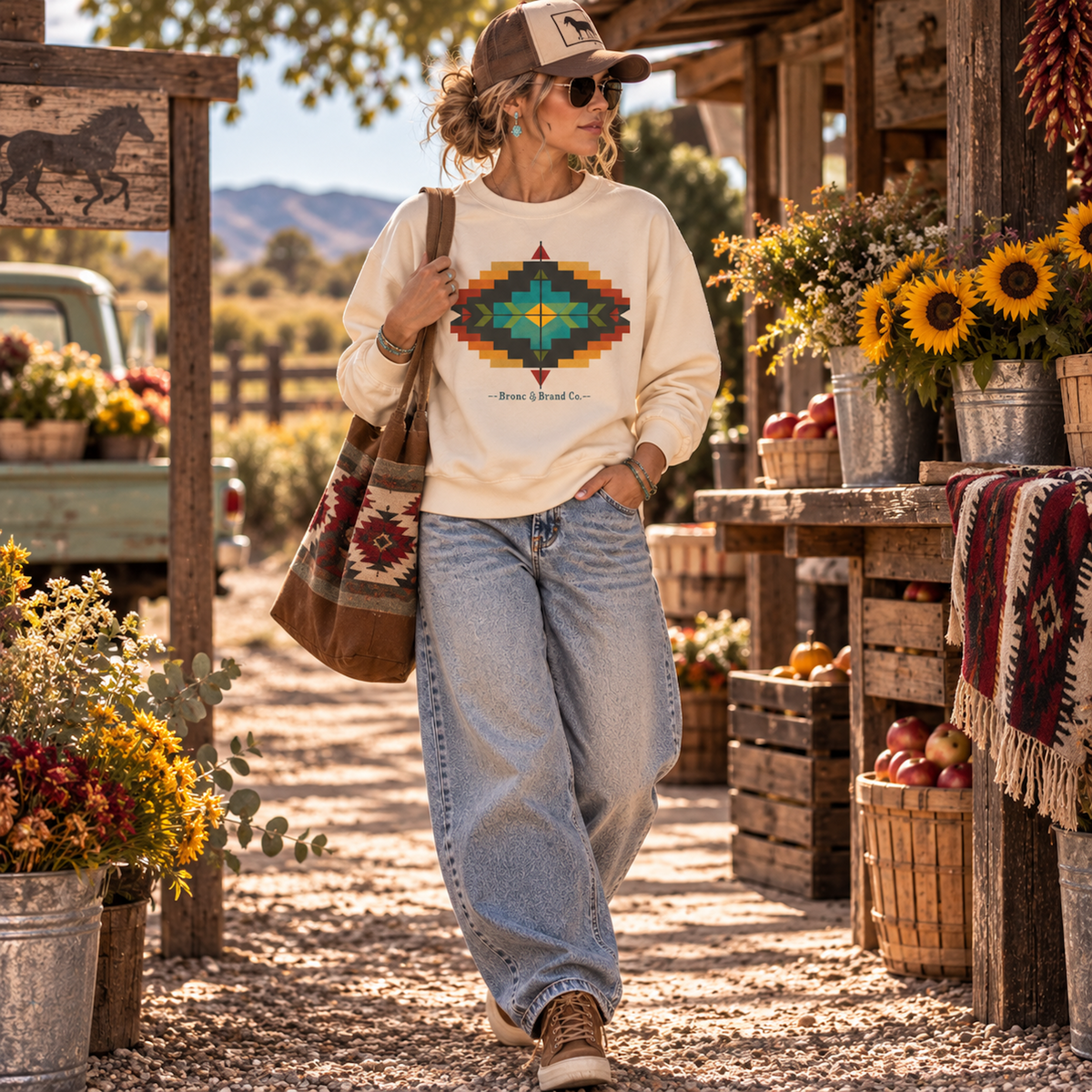 A woman stands outdoors at a rustic farm market wearing a cream sweatshirt with a colorful geometric Southwestern-style diamond graphic and the words 'Rose Island Co.' below it, paired with light blue jeans, brown boots, a brown hat, and a matching patterned tote bag.