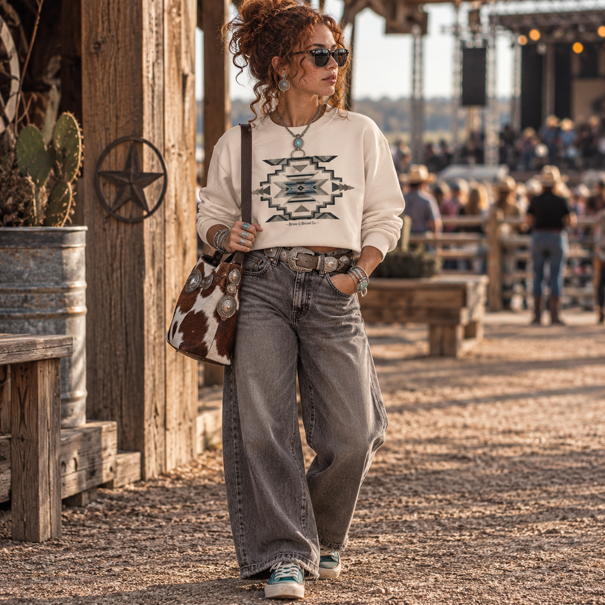 A woman stands outdoors in a rustic wooden setting wearing a cream sweatshirt with a black geometric pattern, wide-leg gray jeans, and carrying a cow-print shoulder bag.