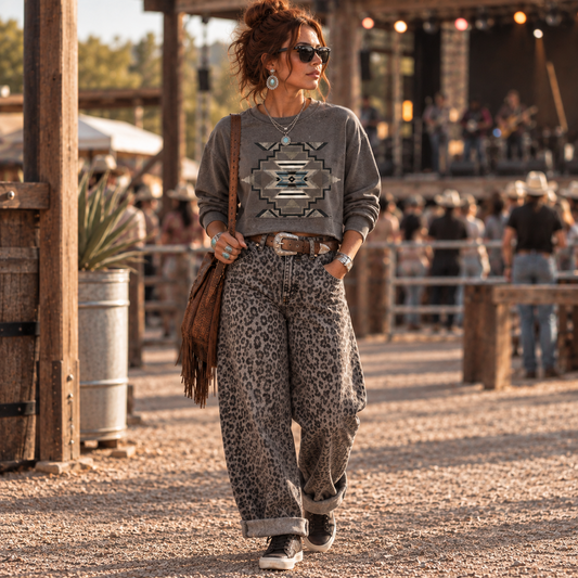 A woman walking outdoors at a rustic event or festival, wearing a gray patterned crewneck sweatshirt, leopard-print wide-leg jeans, black sneakers, and carrying a brown fringed shoulder bag.