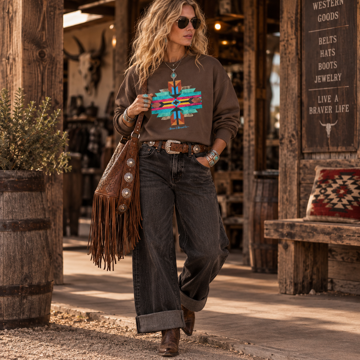 Boho Cross Western Graphic Sweatshirt Mid Length Sweatshirt