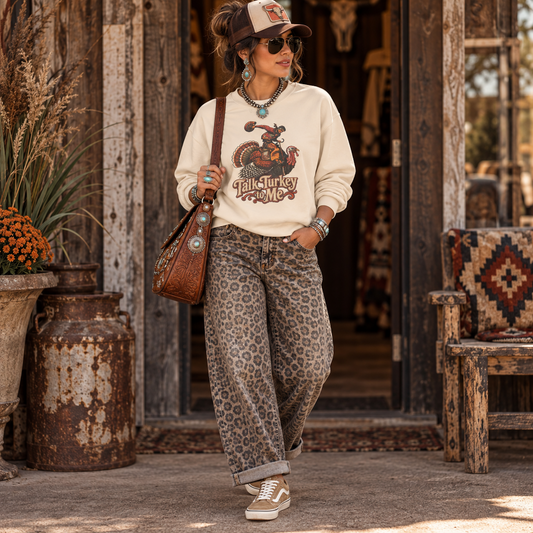 A woman stands in a rustic doorway wearing a cream graphic sweatshirt, leopard-print jeans, a brown leather shoulder bag, and a brown-and-white baseball cap.