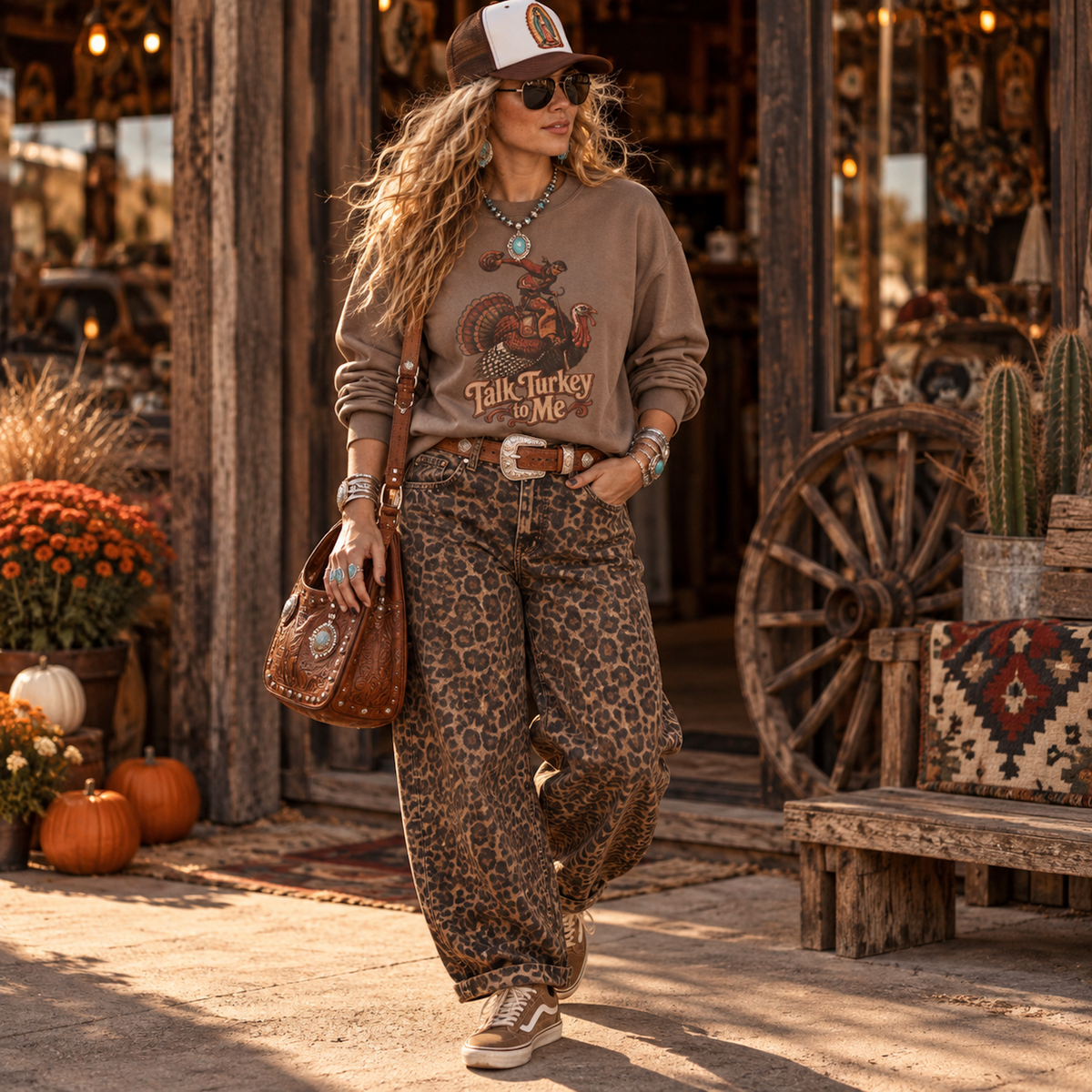 A woman stands in a rustic outdoor shop setting wearing a brown graphic sweatshirt, leopard-print wide-leg pants, a brown leather shoulder bag, and a brown-and-white trucker hat.