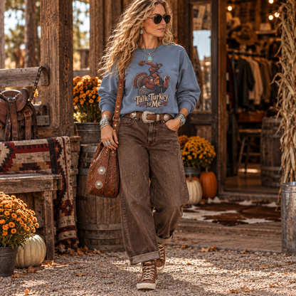 “Women’s Talk Turkey to Me Western Thanksgiving sweatshirt styled with brown jeans and turquoise jewelry”