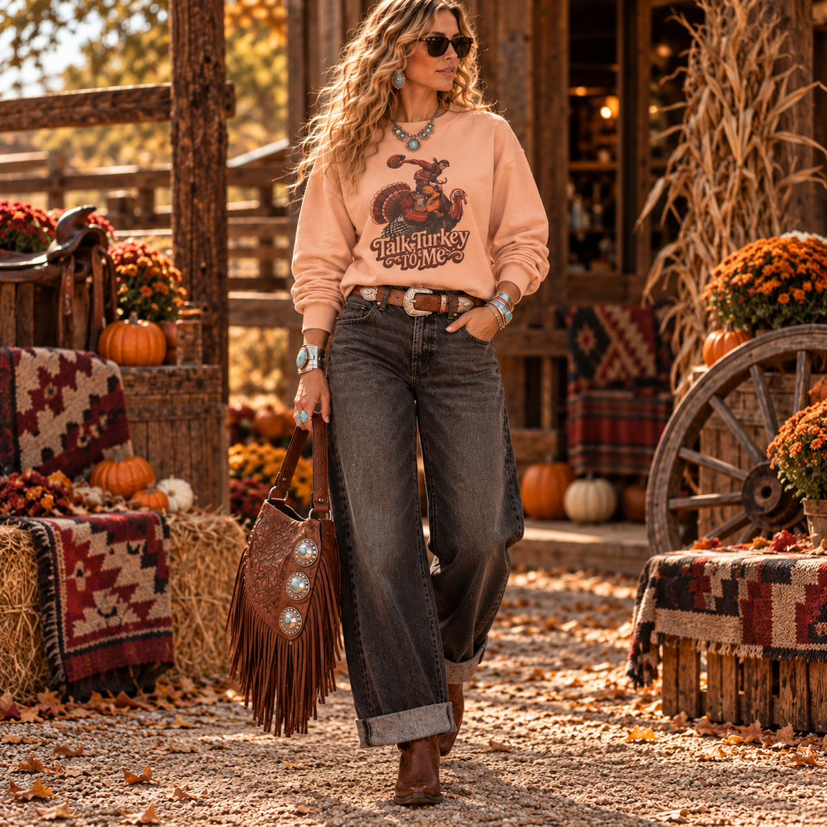 “Women’s Talk Turkey to Me Western Thanksgiving sweatshirt styled with jeans and turquoise jewelry”