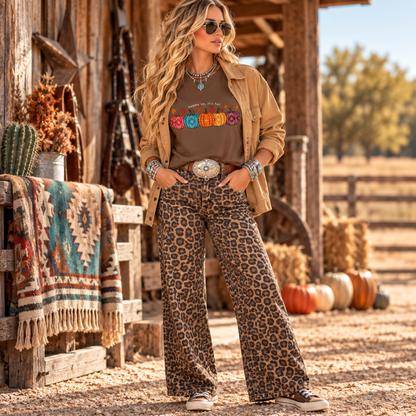 A woman stands outdoors in a rustic barn-like setting wearing a brown graphic T-shirt, tan jacket, leopard-print wide-leg pants, and sunglasses. The background includes pumpkins, a woven blanket, wooden posts, and a blurred outdoor scene.