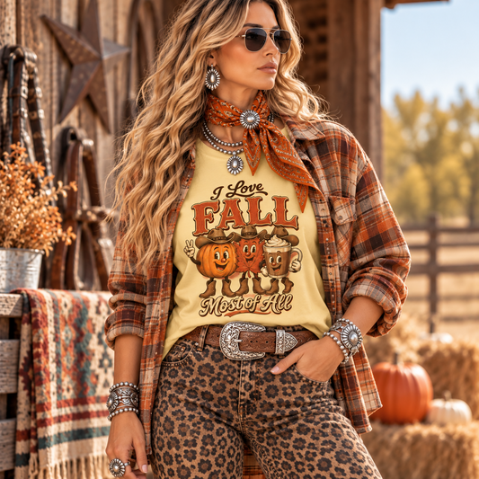 A woman stands outdoors wearing a cream graphic T-shirt with an autumn print reading 'I Love FALL Most of All' with pumpkins and a mug, layered under an orange-brown plaid flannel shirt. She also wears leopard-print pants, a patterned bandana, silver jewelry, and a western belt in a rustic fall-themed setting.