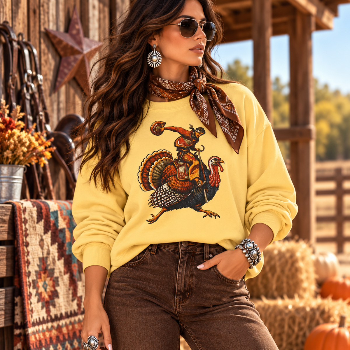 A woman models a yellow crewneck sweatshirt featuring a graphic print of a cowboy riding a turkey. She is wearing a brown patterned bandana around her neck, brown jeans, and silver jewelry, set against a rustic fall-themed background with hay bales and a wooden fence.