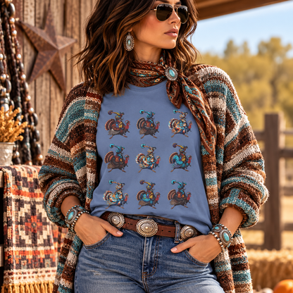 A woman wearing a blue graphic T-shirt with a western-style cowboy print, styled with a striped knit cardigan, a patterned scarf, jeans, and western accessories in an outdoor rustic setting.