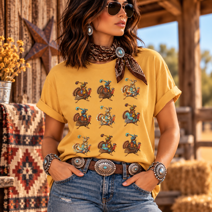 A woman wearing a mustard yellow t-shirt with a grid pattern of colorful cowboy riding a turkey graphic, styled with a brown paisley neck scarf, silver-toned western jewelry, and blue jeans in a rustic outdoor setting.