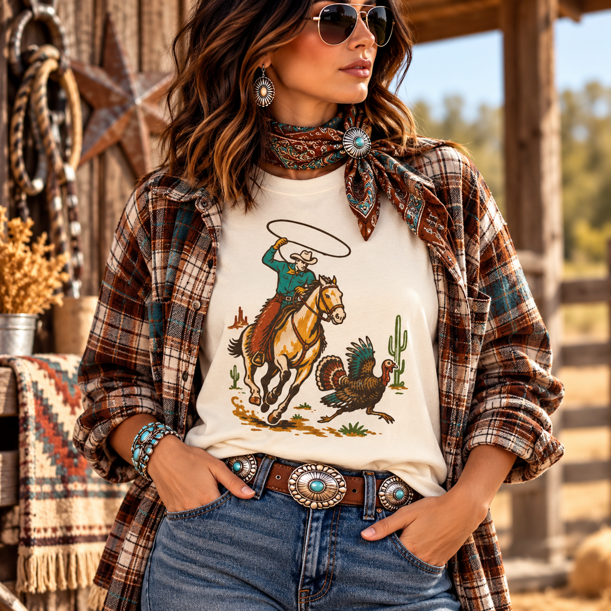 A woman wearing a white graphic t-shirt with a cowboy and turkey illustration, layered under an open brown plaid flannel shirt, styled with a patterned neck scarf, sunglasses, and jeans in a rustic western-themed setting.