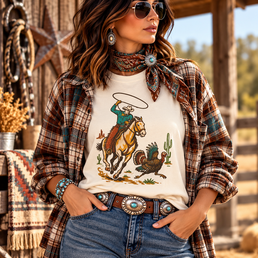 A woman wearing a white graphic t-shirt with a cowboy and turkey illustration, layered under an open brown plaid flannel shirt, styled with a patterned neck scarf, sunglasses, and jeans in a rustic western-themed setting.