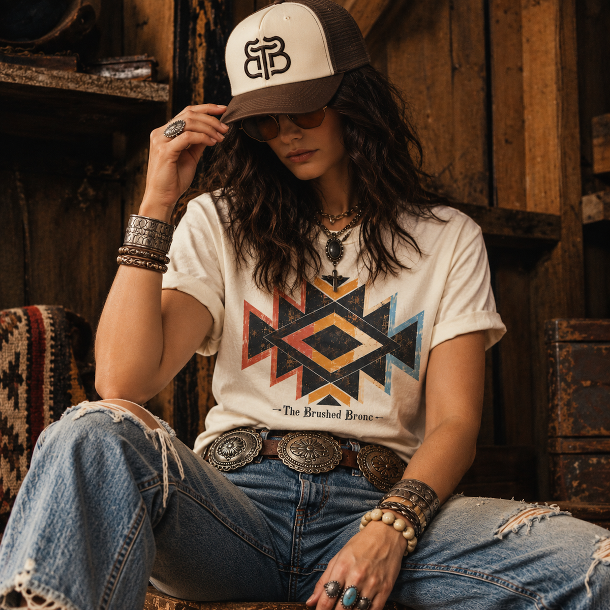 A woman wearing a cream graphic t-shirt with a Southwestern geometric pattern, paired with distressed blue jeans, a silver belt, and a brown trucker hat with a 'BB' logo, posed in a rustic wooden interior.