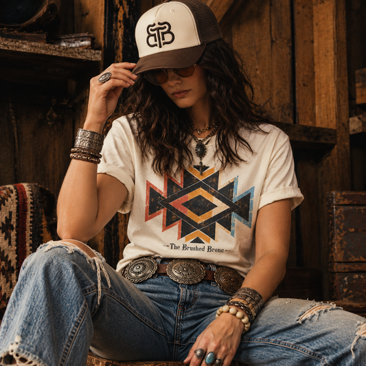 A woman wearing a cream graphic t-shirt with a Southwestern geometric pattern, paired with distressed blue jeans, a silver belt, and a brown trucker hat with a 'BB' logo, posed in a rustic wooden interior.