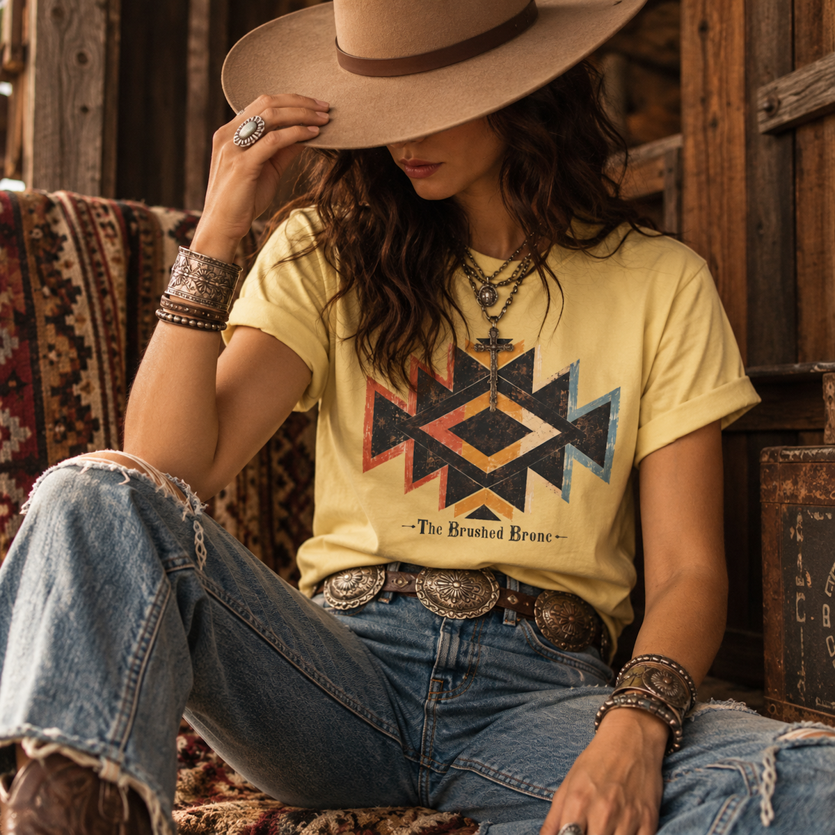 A woman wearing a pale yellow graphic t-shirt with a Southwestern geometric design and the text 'The Branded Brane', paired with distressed blue jeans, a wide-brim tan hat, and silver jewelry, sitting in a rustic wooden room.