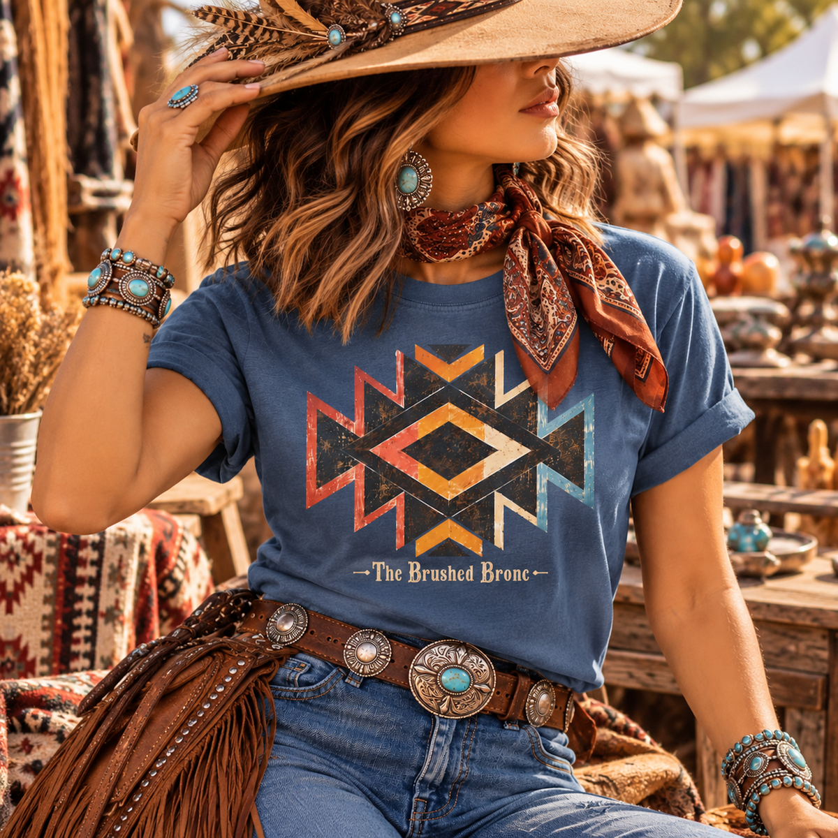 A woman wearing a blue graphic T-shirt with a distressed geometric design and the text 'The Brushed Bronco', styled with a brown wide-brim hat, turquoise jewelry, a patterned bandana, and a fringed brown belt in an outdoor market setting.
