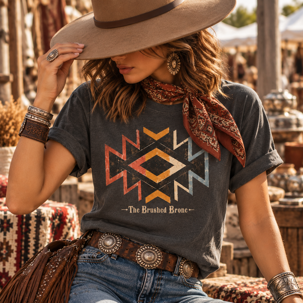 A woman wearing a dark charcoal graphic T-shirt with a distressed geometric southwestern design in orange, yellow, and light blue, paired with a brown wide-brim hat, a red patterned neck scarf, and a brown concho belt. She is posed in a rustic outdoor market setting.
